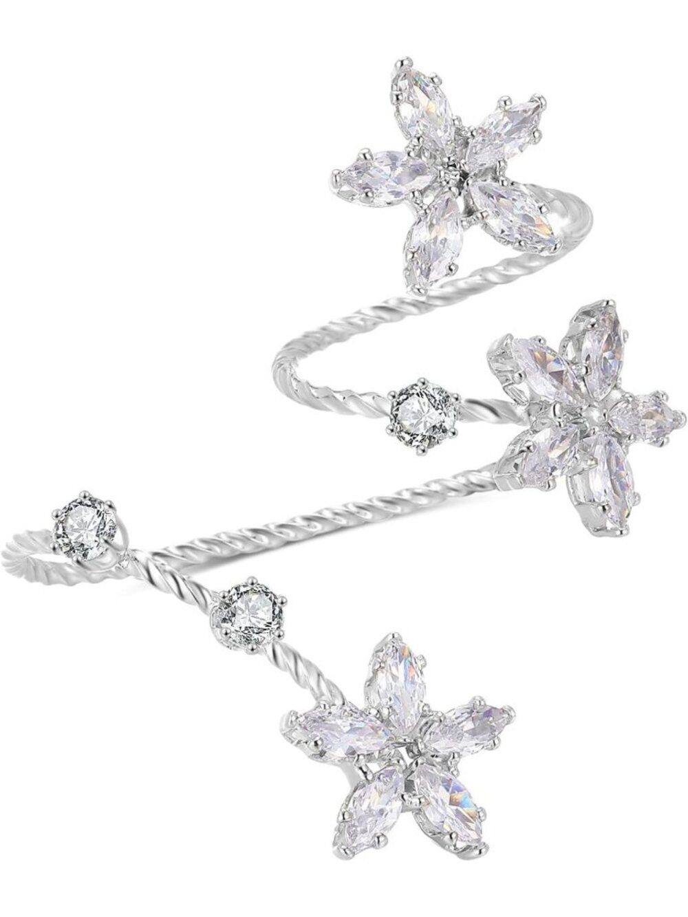 Adjustable Two Finger Leaf Flower Statement Ring - Silver CZ Double Cocktail